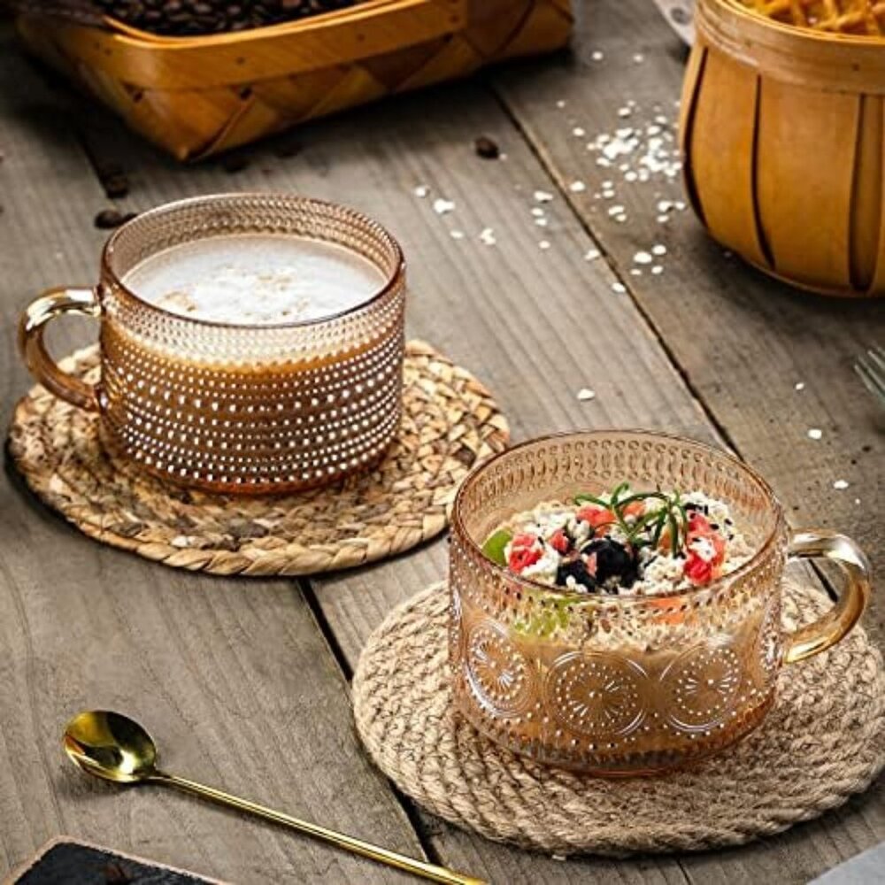 Vintage Coffee Mugs 14 Oz Set of 2 Amber Embossed Glass Tea Cups
